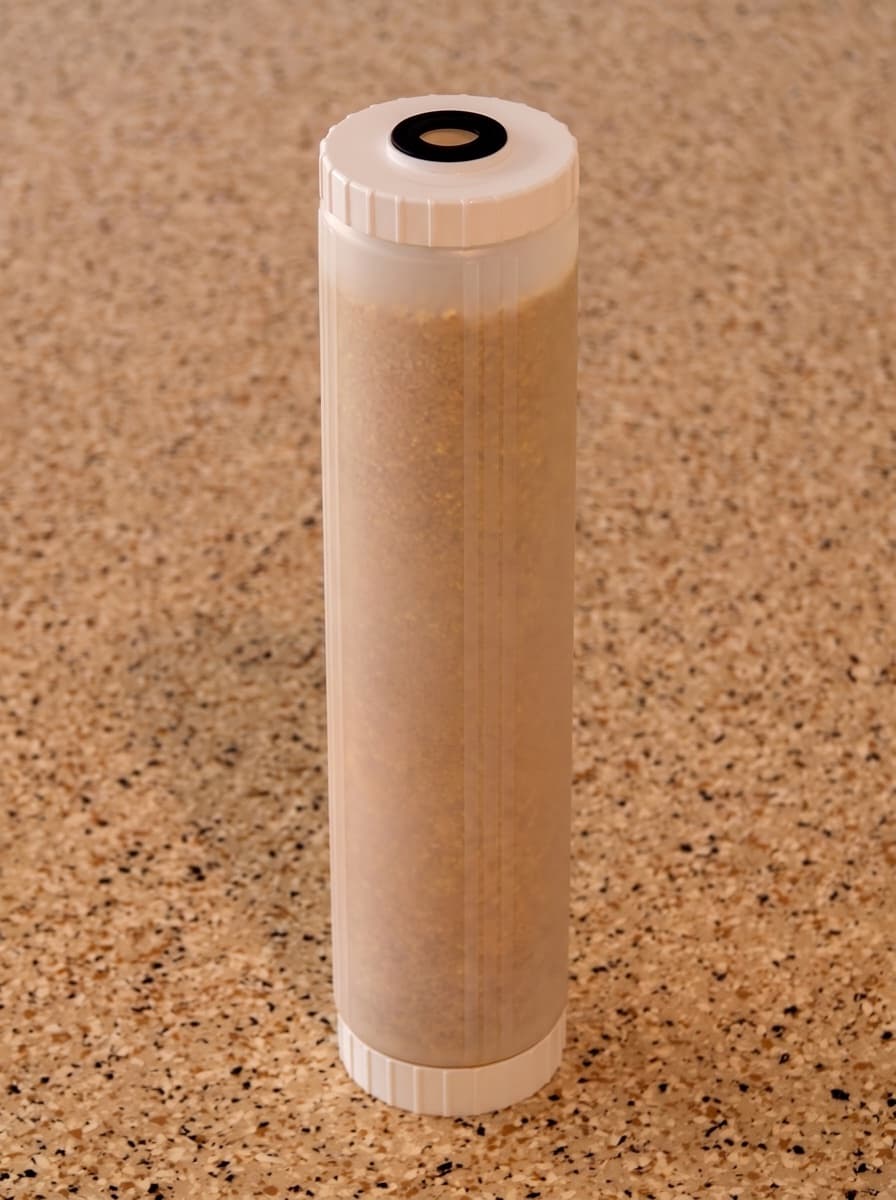 The Soft-Tec® scale-control cartridge stood on a countertop: a translucent refillable housing with white threaded end caps, filled with tan ceramic media beads.