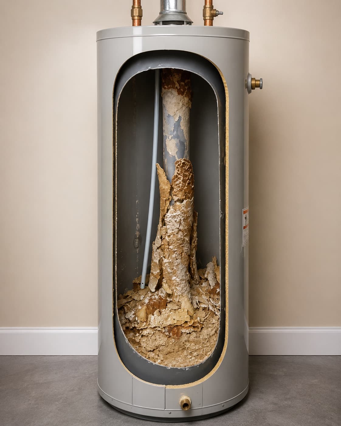 Cutaway illustration of a water heater with its tank floor and dip tube buried in scale.