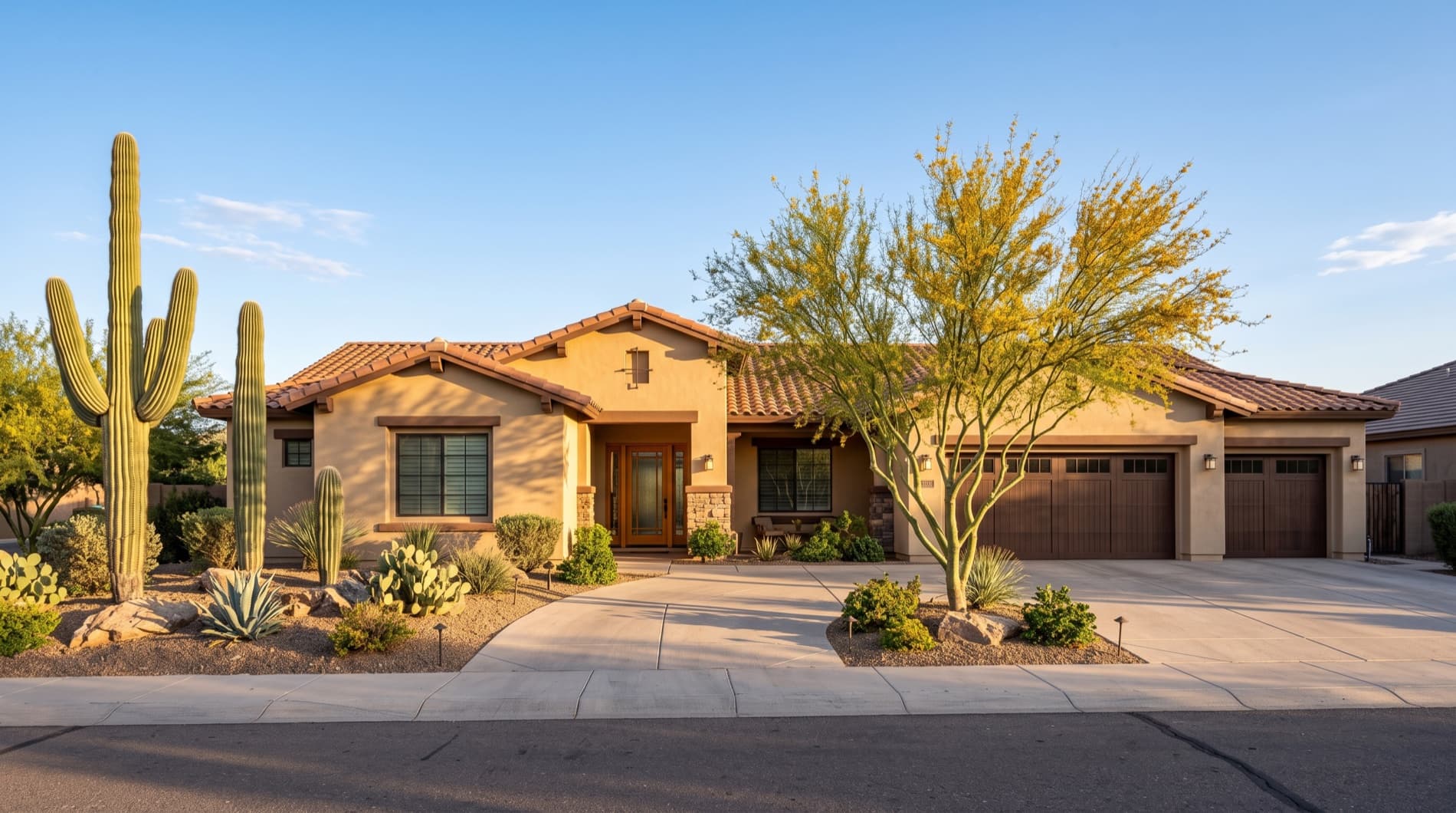 A single-storey Arizona stucco home with desert landscaping at golden hour.