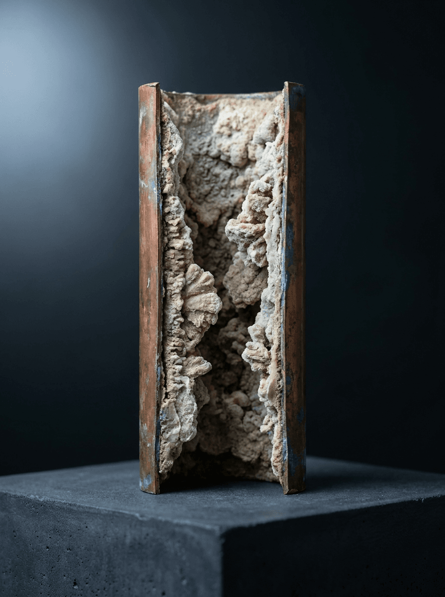 Cutaway of a copper water pipe with its interior choked by thick limescale deposits