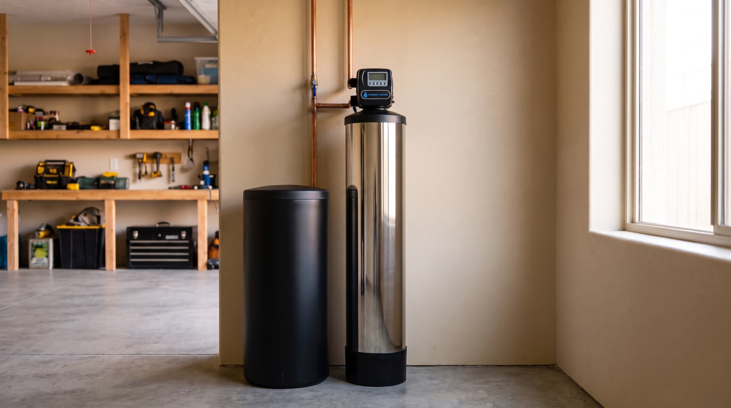 A Hybrid Water salt-based softener installed in an Arizona garage: polished chrome resin tank with the control valve on top, black brine tank beside it, copper plumbed down the wall.