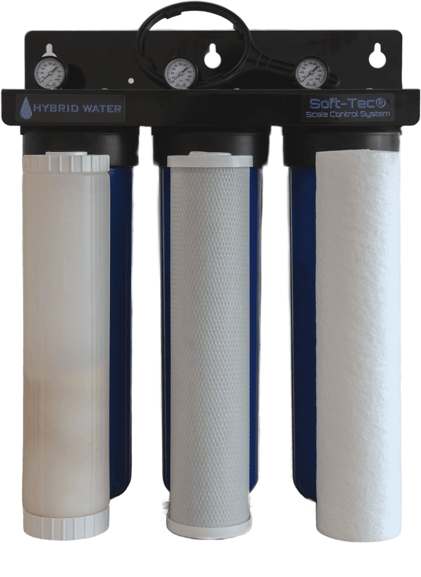 A real Soft-Tec unit, photographed with its three filter cartridges lifted out of their housings